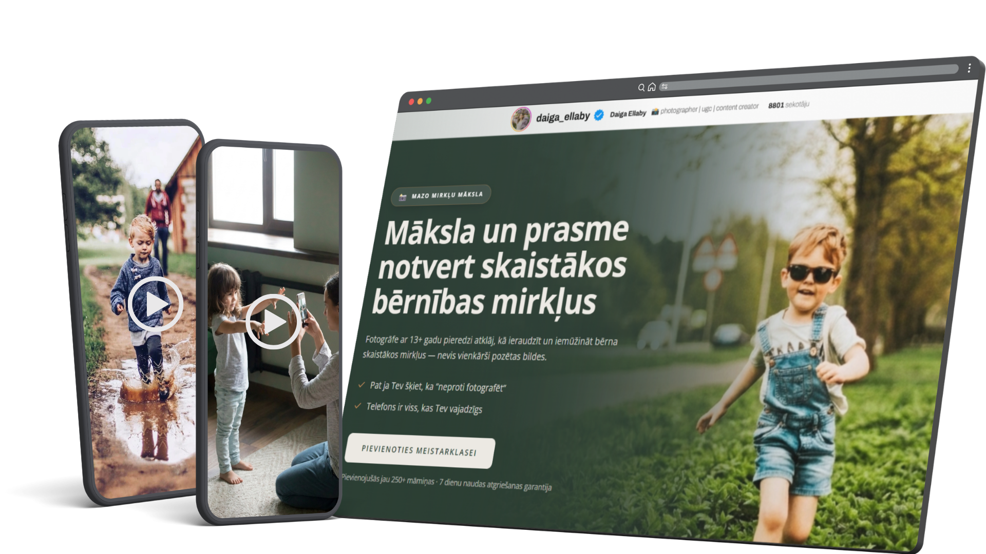 Meistarklases 'Mazo mirkļu māksla' mockup uz telefona un datora ekrāna